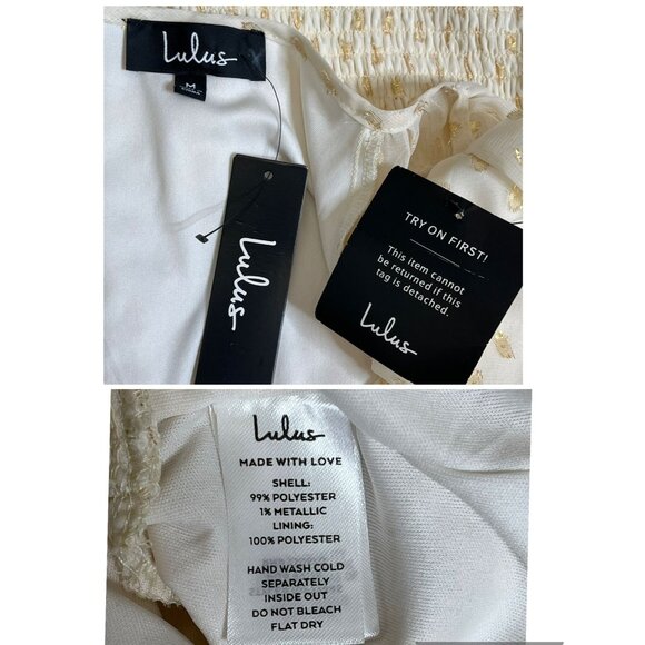 Lulu's All The Cheers Cream and Gold Dotted Smocked Mini Dress Size Medium NWT - Picture 4 of 11